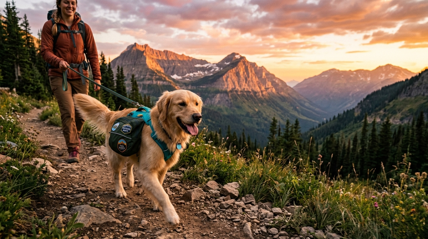 Dog hiking on trail with gear
